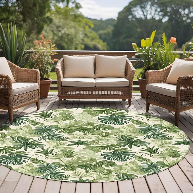 Washable Round Area Rug Green Palm Leaf Watercolor Circle Rugs Floor Carpet for Living Room Bedroom, Summer Tropical Leaves Soft Non Slip Round Rug 5ft