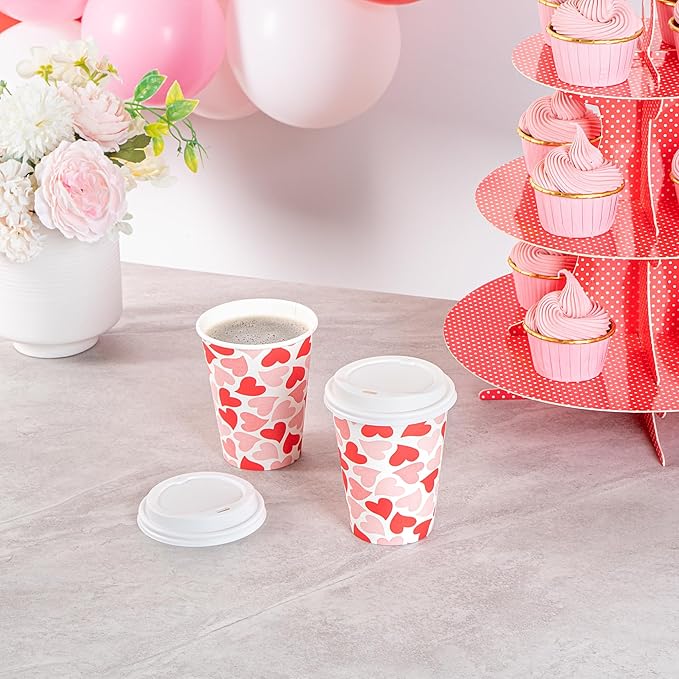 Restaurantware-Restpresso 12 Ounce Disposable Coffee Cups, 20 Valentine’s Day Cups With Plastic Lids - Red And Pink Heart Print, Rolled Rim, Paper To Go Cups, Single Wall, Serve Hot And Cold Drinks