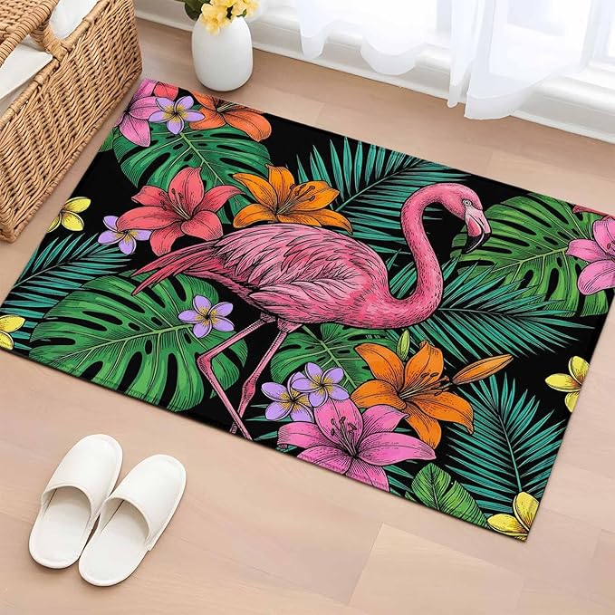 Area Rug 2x3ft, Pink Flamingos Tropical Leaf Washable Rugs for Living Room Bedroom, Colorful Lily Blossom Floral Soft Non-Slip Area Rugs Rectangle Floor Carpet for Dining Room