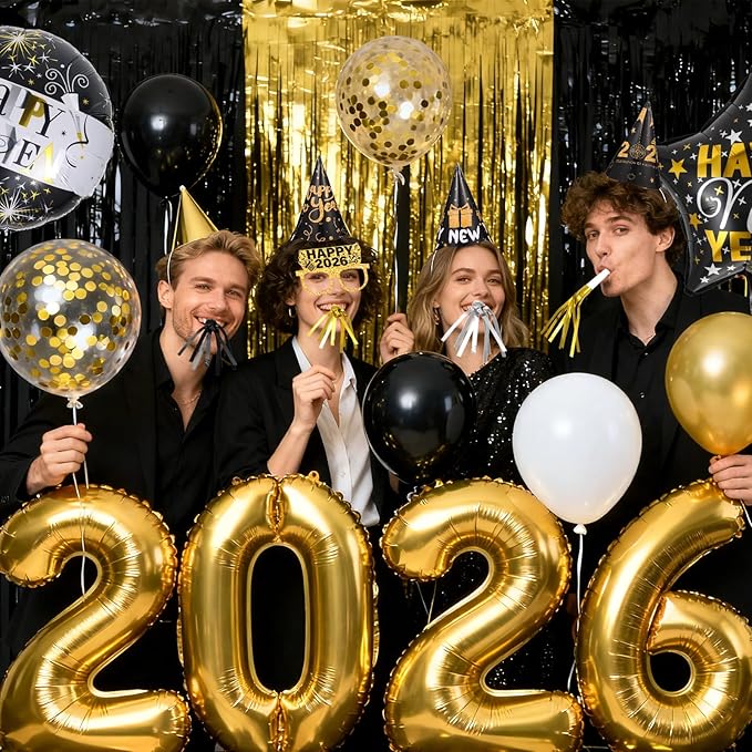 New Years Eve Party Supplies 2026, Black Gold Happy New Years Decorations Set Happy New Year Banner Hats Glasses Blowouts Curtains Latex Balloons 2026 Numbers Balloons for NYE Celebration