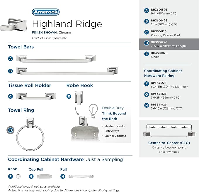 Amerock BH36012 Highland Ridge 7-7/16" Wall Mounted Towel Ring - Chrome