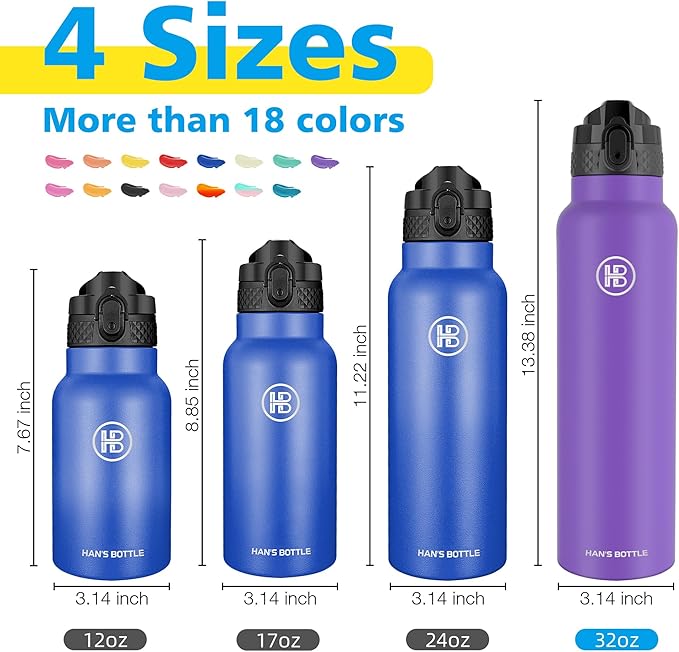 han's bottle Sports Water Bottle - 32 Oz, Straw Lid, Leak Proof, Vacuum Insulated Stainless Steel, Double Walled, Thermo Mug,Purple