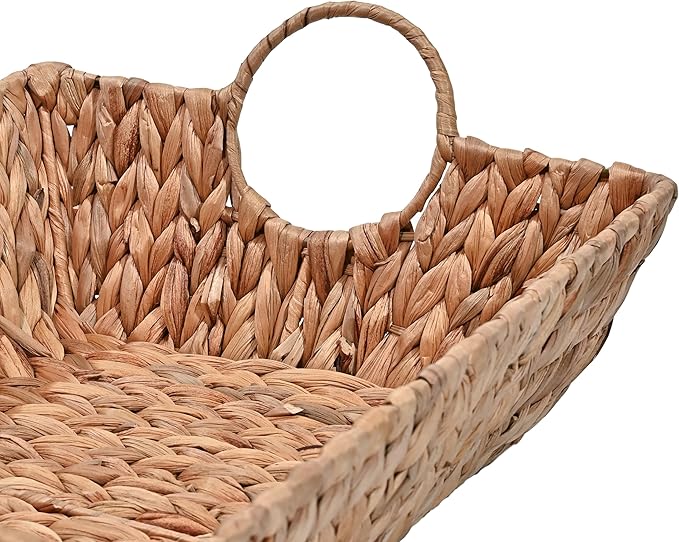 happimess TRY2000A-3SET Rowan Bohemian Cottage Handwoven Hyacinth Rectangular Decorative Basket Trays with Handles, Natural (Set of 3) for Storage and Decoration in Bathroom, Bedroom, Living Room
