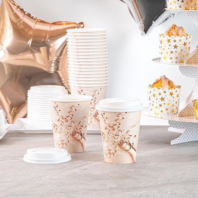 Restaurantware-Restpresso 12 Ounce New Year’s Eve Party Cups, 400 Hot Cups With Plastic Lids - Rolled Rim, Single Wall, Disposable Paper Coffee Cups, Sustainable, Serve Hot And Cold Drinks