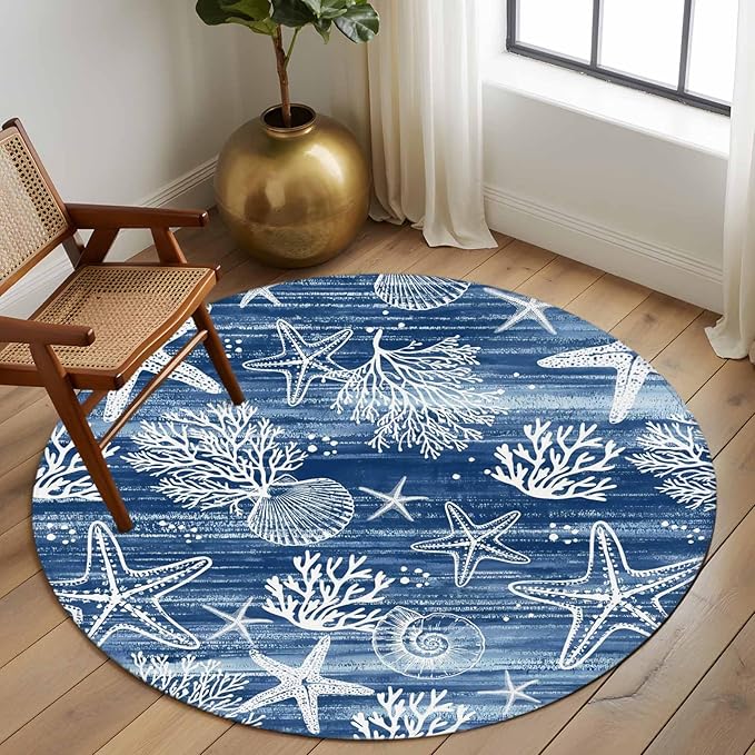 Navy Blue Coastal 7ft Round Rug, Ocean Coral Starfish Non-Skid Rubber Backing Large Area Rugs - Living Room Bedroom Home Office, Summer Beach Indoor Floor Mat Carpets Washable Rug