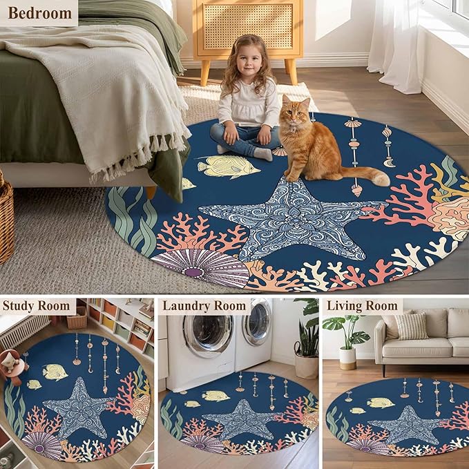 Washable Round Area Rug Ocean Starfish Coral Fish Circle Rugs Floor Carpet for Living Room Bedroom, Underwater Creature on Navy Blue Soft Non Slip Round Rug 3ft