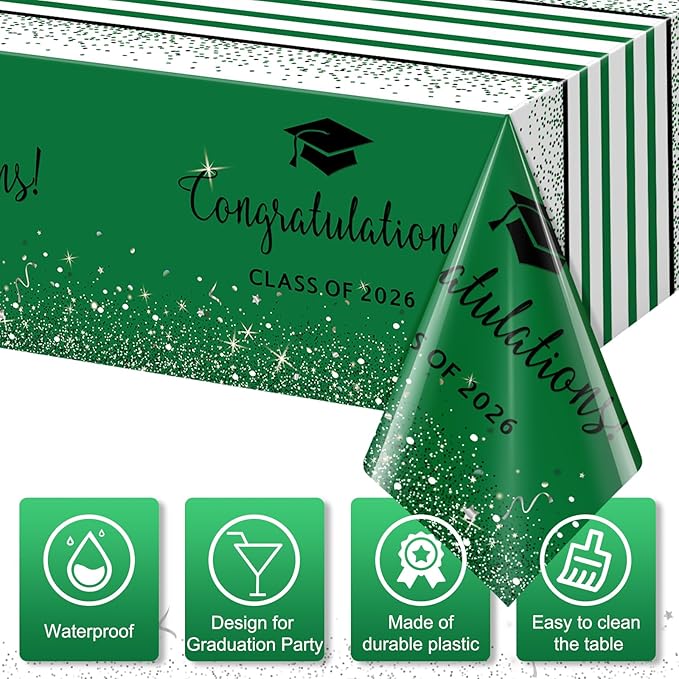 3 Pack Class of 2026 Graduation Tablecloths,Foil Dot Plastic Disposable Rectangle Table Covers for 2026 High School University College Graduation Party Decorations,108*54 Inch (Green and Black)