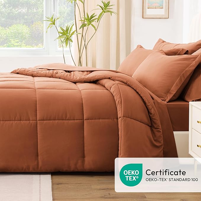Love's cabin Twin Comforter Set Burnt Orange, 5 Pieces Twin Bed in a Bag, All Season Bedding Sets with 1 Comforter, 1 Flat Sheet, 1 Fitted Sheet, 1 Pillowcase and 1 Pillow Sham | Soft, Breathable, Lightweight, Comfortable