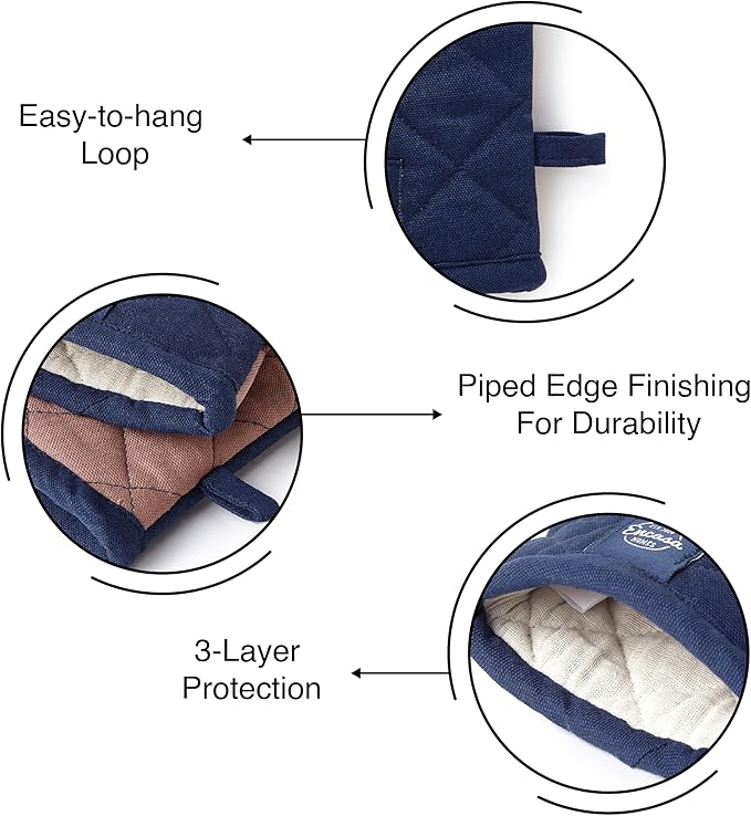 Encasa XO Heat Resistant Cotton Oven Gloves Mitts (2 Pc Set) - Quilted & Safe 12x6.6 in - for Kitchen, Cooking & Baking, Grilling, Handling Hot Pots & Pans - Scotch Blue