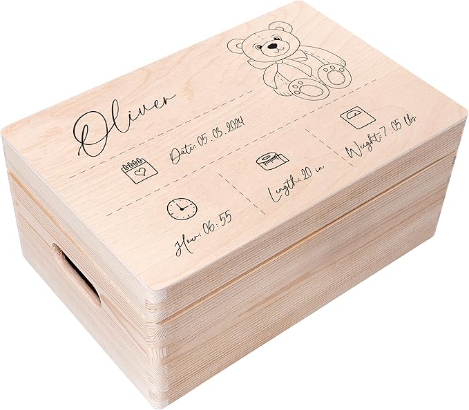 Creative Deco Personalized Wooden Storage Box Baby Memory Box Line | 11.8x7.87x5.51in (+-0.5) | Hinged Lid Handle Engraving | Unpainted Gift Box | UNSANDED Keepsake Souvenir Chest