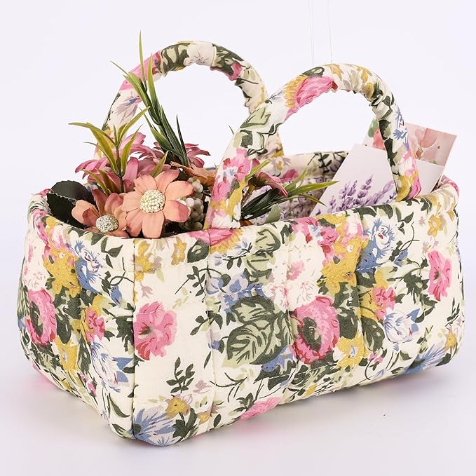 Quilted Fabric Storage Basket Floral Baby Diaper Caddy Quilted Basket for Nursery Bedroom Car Storage