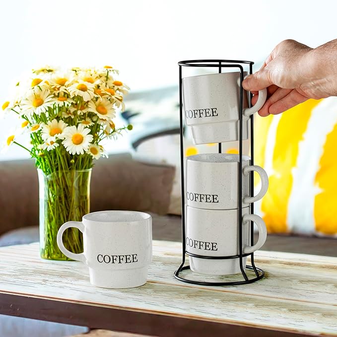 Signature Housewares Stackable Coffee Mug Tower Set with Metal Wire Rack - 15 Ounce Coffee Mugs for Coffee, Tea, Cocoa, Milk, Cappuccino, Hot Chocolate Set of 4 - White Coffee