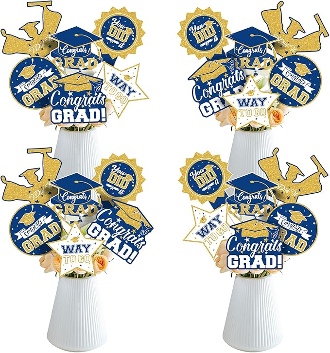 2026 Graduation Party Decorations - 24 Pcs Class of 2026 Congrats Grad Table Centerpieces Graduation Table Decorations Sticks Table Toppers for Graduation Party (Blue Gold)