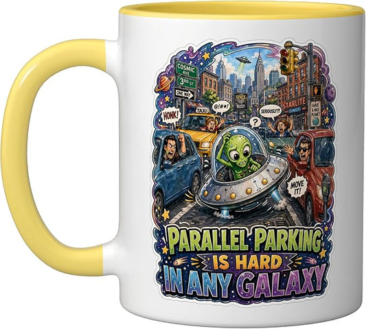 Parallel Parking Is Hard In Any Galaxy Ceramic Mug, Yellow/White