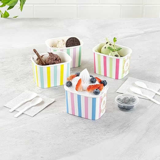 Restaurantware Paper Cups 50 Count 12 Ounce Square Disposable Ice Cream Containers, Leak-Resistant Paper Dessert To Go Cups, Hot And Cold Food, Durable Pink And Blue Stripe Design