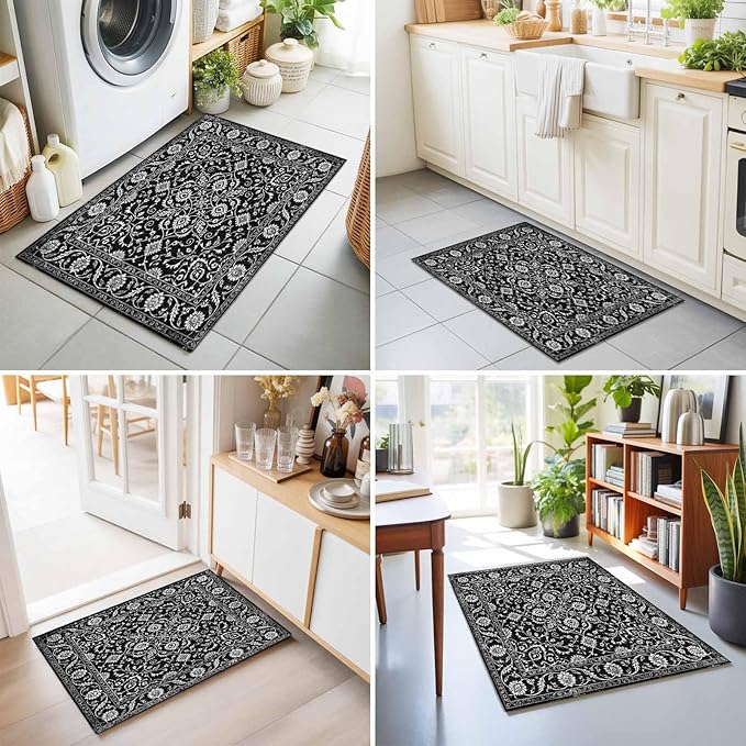 Area Rug 2x3ft, Paisley Vintage Black Floral Washable Rugs for Living Room Bedroom, Classic Flower Texture Soft Non-Slip Area Rugs Rectangle Floor Carpet for Dining Room