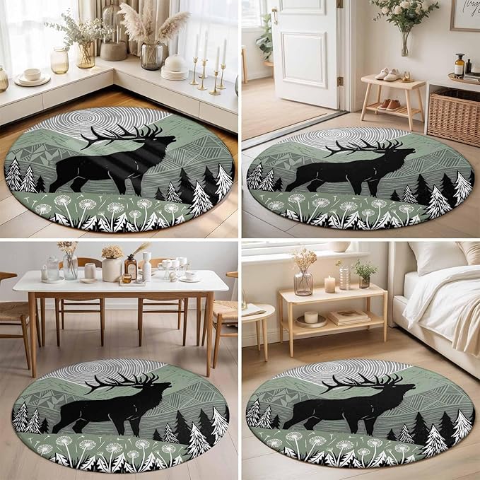 Washable Round Area Rug Black Wildlife Elk Circle Rugs Floor Carpet for Living Room Bedroom, Bohemian Green Mountain Peaks Soft Non Slip Round Rug 5ft