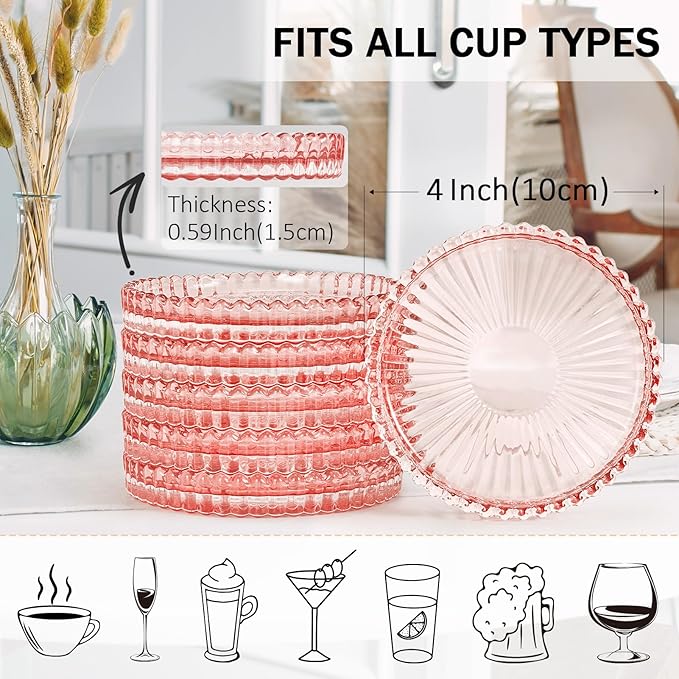 Modern Glass Coasters, GOH DODD Set of 6 Crystal Coasters Tabletop Protection for Drinks, Home Decor, Kitchen, Living Room, Patio, Wedding, Party, Housewarming Gifts, Clear Pink