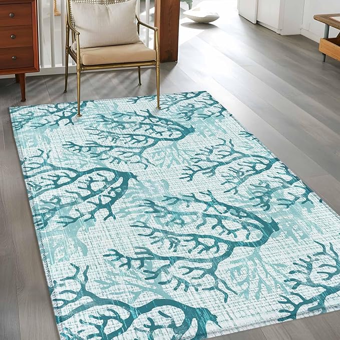Area Rug 4x6ft, Coastal Sea Coral Retro Linen Washable Rugs for Living Room Bedroom, Underwater Ocean Life Soft Non-Slip Area Rugs Rectangle Floor Carpet for Dining Room