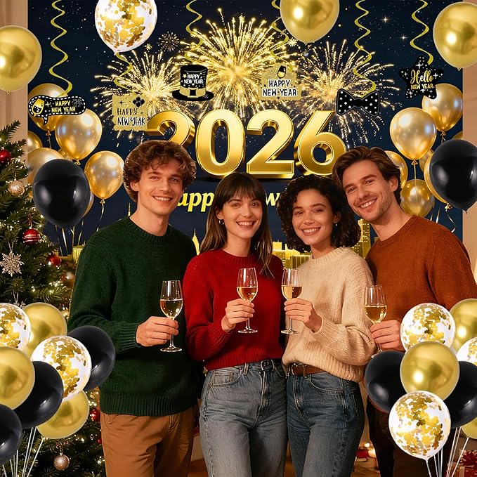 New Years Eve Party Supplies 2026, Happy New Years Decorations Gold and Black, Happy New Year 2026 Backdrop Banner Tablecloth Balloons Hanging Swirls Honeycomb, 2026 Nye Party Decorations Kit