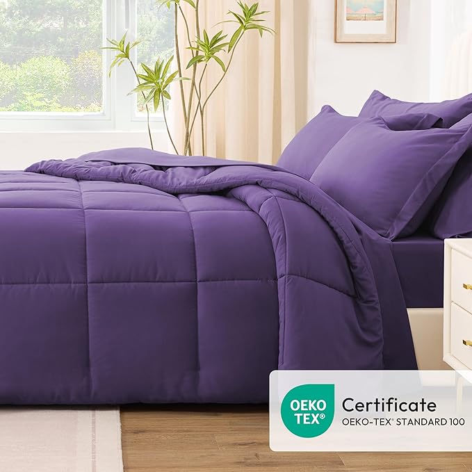 Love's cabin Twin XL Comforter Set Dark Purple, 5 Pieces Twin XL Bed in a Bag, All Season Bedding Sets with 1 Comforter, 1 Flat Sheet, 1 Fitted Sheet, 1 Pillowcase and 1 Pillow Sham | Soft, Breathable, Lightweight, Comfortable