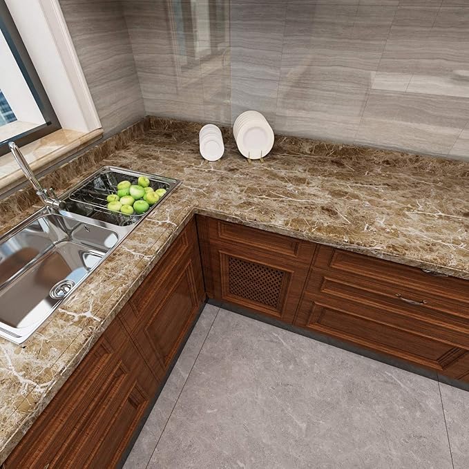 Livelynine 24 x 197 Inch Brown Countertop Contact Paper for Kitchen Peel and Stick Countertops Waterproof Marble Wallpaper for Bathroom Self Adhesive Counter Top Covers Table Sticker Desk Vinyl Wrap
