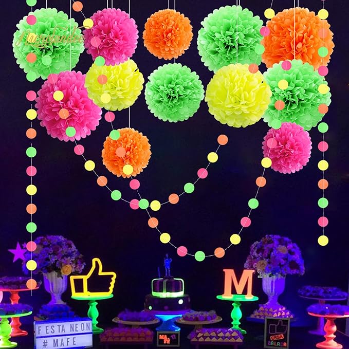 NICROLANDEE Blacklight Party Decorations - 15 PCS Fluorescent Neon Tissue Paper Pom Poms & Paper Garlands for Birthday, Wedding, Baby Shower, Glow-in-The-Dark Party, Neon Prom Dance Party Photography