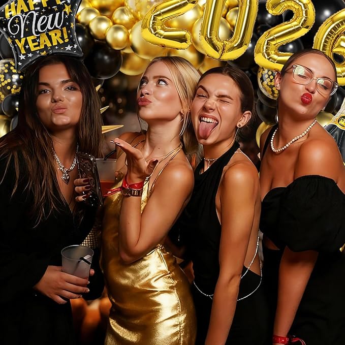 Happy New Years Decorations 2026 Eve Party Supplies with Black Gold Confetti Balloons New Year Banner Gold Fringe Curtain Backdrop for Nye Decorations