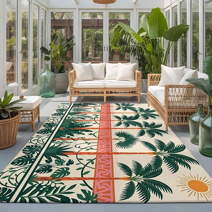 Area Rug 3x5ft, Vintage Sage Green Tall Palm Trees Washable Rugs for Living Room Bedroom, Summer Tropical Plants Soft Non-Slip Area Rugs Rectangle Floor Carpet for Dining Room
