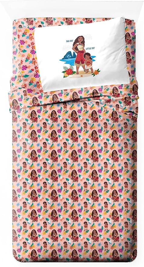 Jay Franco Kids Sheet Set with Fitted, Flat Sheets & Pillow Cover - Ultra-Soft Bedding with Pillowcase for Room Decor, Pink - Moana, 3 Piece Twin