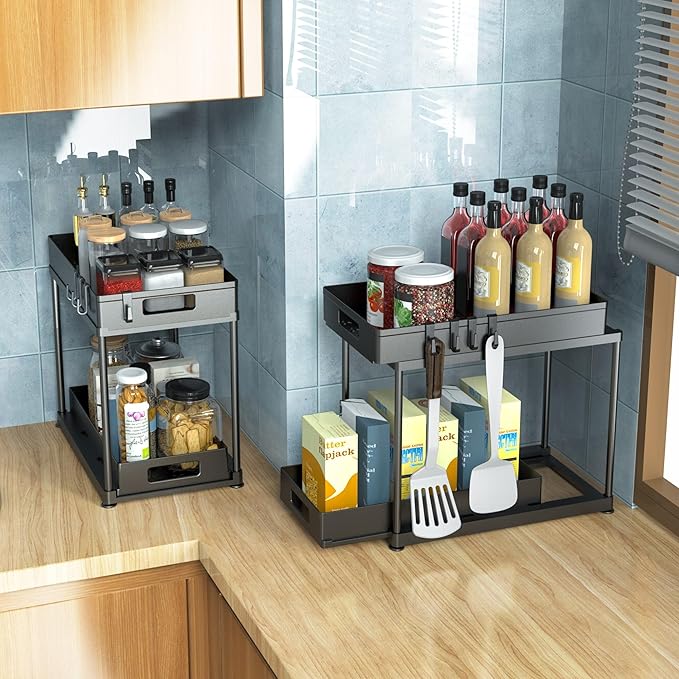 2 Pack Under Sink Organizer with Pull-Out Drawer, 2-Tier Cabinet Storage for Kitchen & Bathroom, Fits Cleaning Supplies & Toiletries, Space Saving for Small Cabinets, Double-layer Sliding Black