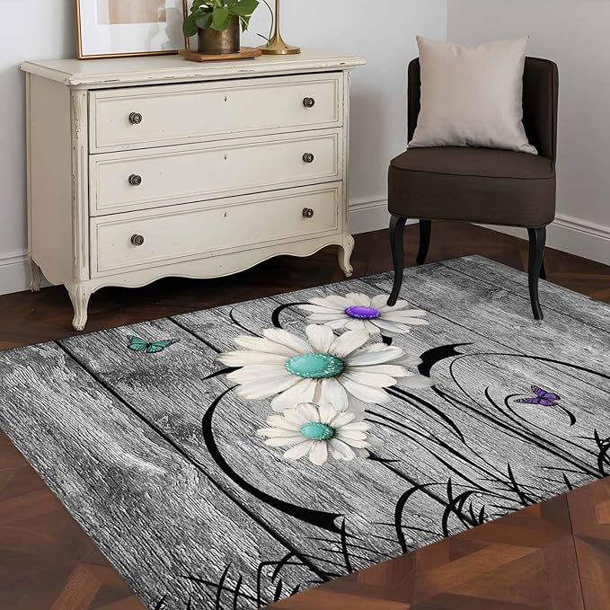 Area Rug 4x6ft, Farm Daisy Shabby Wood Grain Washable Rugs for Living Room Bedroom, Vintage Flower Plant Butterfly Soft Non-Slip Area Rugs Rectangle Floor Carpet for Dining Room