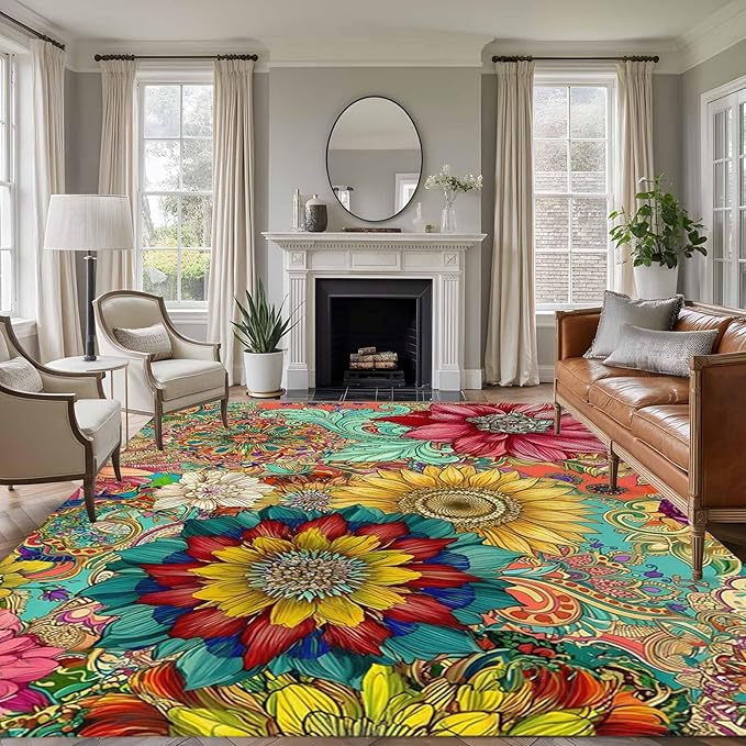 Area Rug 8x10ft, Boho Colorful Blossom Flower Washable Rugs for Living Room Bedroom, Country Retro Ethnic Floral Soft Non-Slip Area Rugs Rectangle Floor Carpet for Dining Room