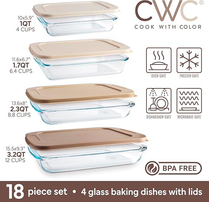 COOK WITH COLOR 8 PC. Glass Baking Dish Set with Lids - Deep Casserole Dish, Glass Food Container, Oven, Freezer and Microwave Safe, Clear Container, Brown