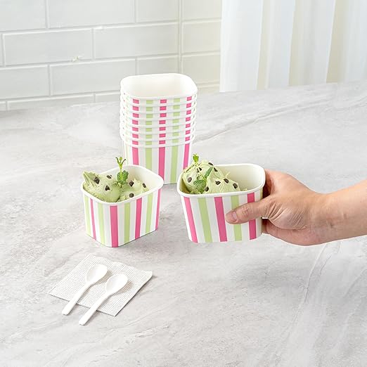 Restaurantware Paper Cups 50 Count 12 Ounce Square Disposable Ice Cream Containers, Leak-Resistant Paper Dessert To Go Cups, Hot And Cold Food, Durable Green And Pink Stripe Design
