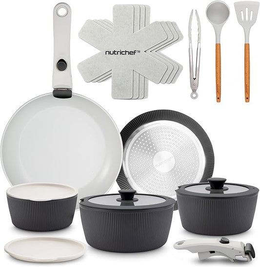 NutriChef 18-Piece Ceramic Cookware Set with Detachable Handles, Space-Saving Nonstick Pots, Pans & Lids, Oven-Safe Bowls, Stackable Storage, Includes Cooking Utensils & Accessories (Gray)
