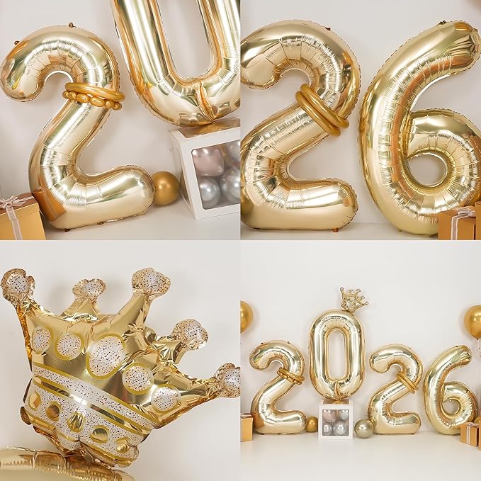 2026 Balloons Champagne Gold,40 Inch 2026 Number Balloons with Foil Crown Balloons for Happy New Year Decorations New Years Eve 2026 Graduation Decorations Class of 2026 Party Supplies