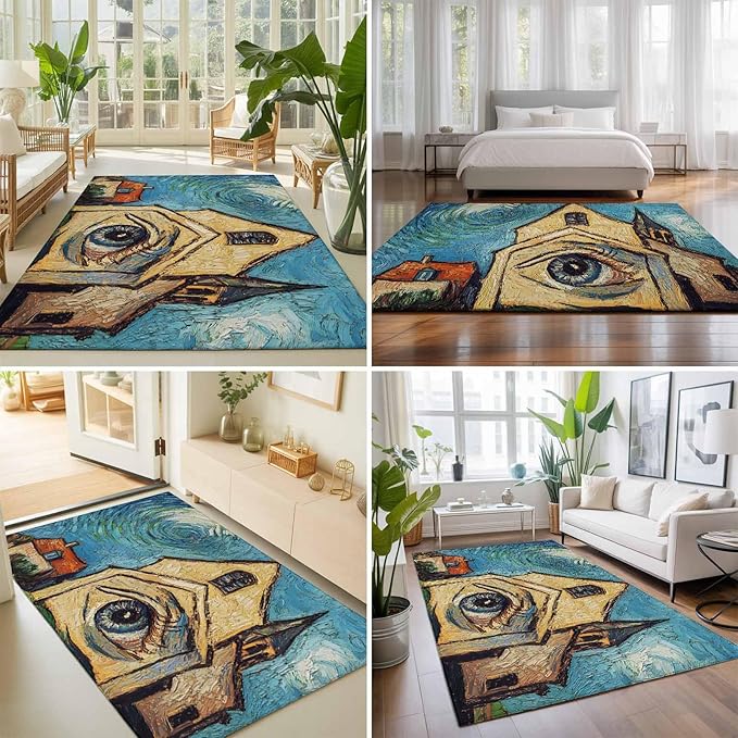 Area Rug 3x5ft, Abstract Farmhouse Starry Night Eye Washable Rugs for Living Room Bedroom, Rustic Oil Painting Art Soft Non-Slip Area Rugs Rectangle Floor Carpet for Dining Room