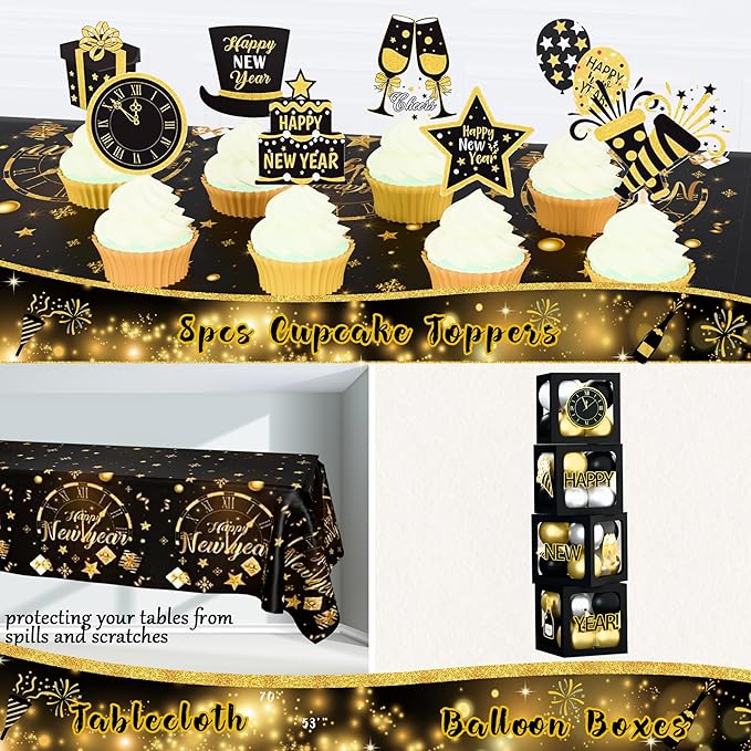 New Year Party Decorations 2026, Happy New Year's Eve Party Supplies Kit, 2026 Gold Black New Year Party Decor with Bckdrop Balloon Garland Tablecloth Balloon Boxes for 2026 Year Party