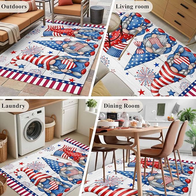 Area Rug 4x6ft, Independence Day USA Flag Star Dwarf Washable Rugs for Living Room Bedroom, Stripes on Wood Grain Soft Non-Slip Area Rugs Rectangle Floor Carpet for Dining Room