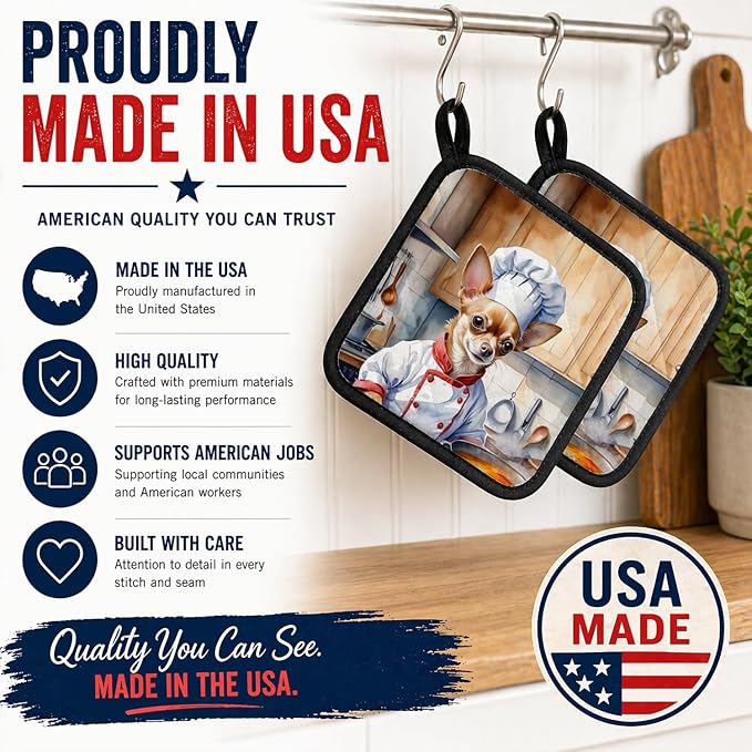 Caroline's Treasures Chihuahua The Chef Pair of Pot Holders Kitchen Heat Resistant Pot Holders Sets Oven Hot Pads for Cooking Baking BBQ, 7 1/2 x 7 1/2