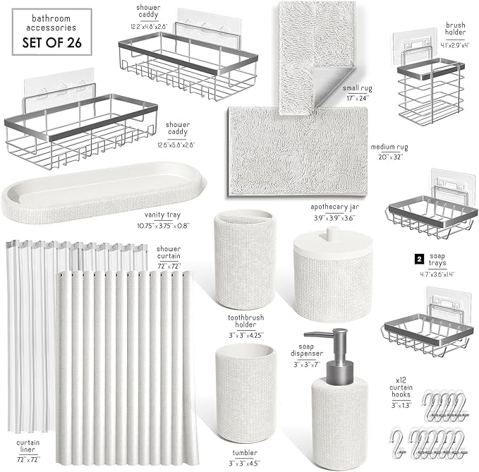 Clara Clark White Bathroom Set - Bathroom Sets with Shower Curtain and Rugs, 26PC Bathroom Accessory Set, Shower Curtain Set with Adhesive Corner Shower Caddy Hanging & Soap Dispenser