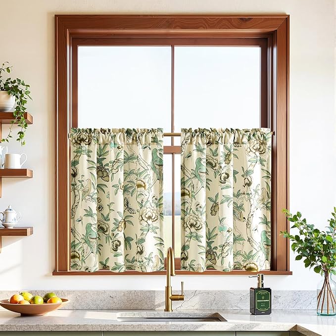 Leeva Floral Print Short Window Curtains, Farmhouse Style Soft Faux Linen Half Cafe Curtains, Protect Privacy for Kitchen Bedroom Living Room, W 30 x L 36, Green & Beige