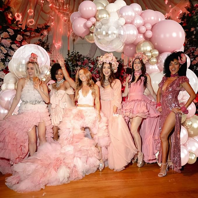 Dusty Pink Balloon Garland Arch Kit, Double Stuffed Pearl Pink White and Gold Balloon Large Clear Balloons for Girls Baby Shower Bridal Shower Wedding Birthday Party Decorations