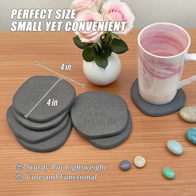 Diatomite Coasters Set of 6 | Absorbent Coasters for Drinks Cute Modern Unique Aesthetic Stone Coaster for Desks Coffee Table, Instant Drying, with 24 Scratch Protection Pads, Dark Grey