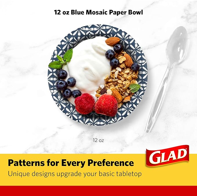 Glad Round Disposable Paper Bowls, Blue Mosaic Design - Heavy Duty, Soak-Proof, Cut-Resistant, Microwavable Paper Bowls for All Foods, Daily Use, and Special Occasions, 16 oz, 50 Count - 6 Pack