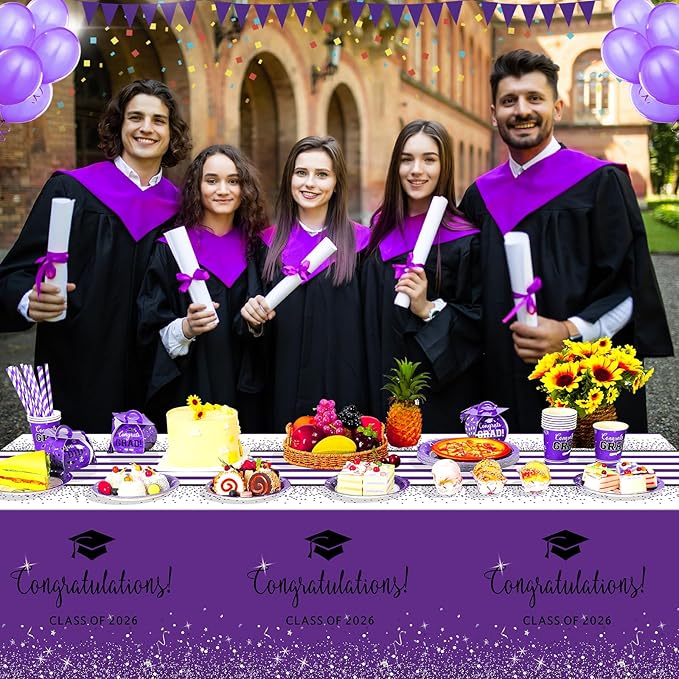 3 Pack Class of 2026 Graduation Tablecloths,Foil Dot Plastic Disposable Rectangle Table Covers for 2026 High School University College Graduation Party Decorations,108*54 Inch (Purple and Black)