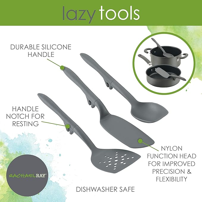 Rachael Ray Tools and Gadgets Spoon, Slotted and Solid Turners Set/ Cooking Utensils - 3 Piece, Gray