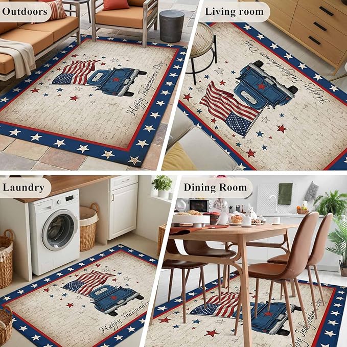 Area Rug 4x6ft, Happy Independence Day USA Flag Washable Rugs for Living Room Bedroom, Retro Blue Truck Soft Non-Slip Area Rugs Rectangle Floor Carpet for Dining Room