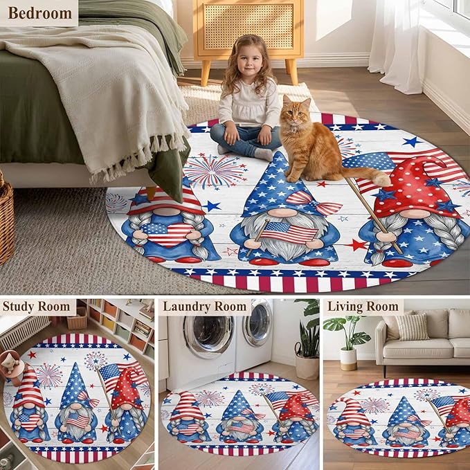 Washable Round Area Rug Independence Day USA Flag Star Dwarf Circle Rugs Floor Carpet for Living Room Bedroom, Stripes on Wood Grain Soft Non Slip Round Rug 5ft